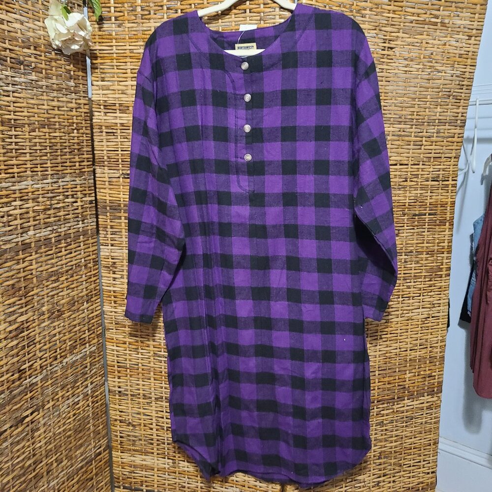 VTG NOS Nightshirt Women's Medium Purple Black Checkered Flannel Montgomery Ward